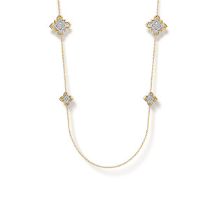 Gabriel & Co. NK7891-32M84JJ 18 karat white and yellow gold Contemporary necklace, front view of the lobed pave frames hanging at staggered heights on a fine chain