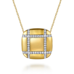 Gabriel & Co. NK7893-20Y84JJ 18 karat yellow gold Contemporary necklace, front view of the domed plaque and its grid of pave diamond lines