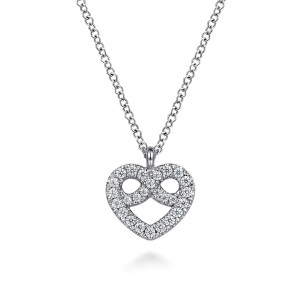 Gabriel & Co. NK7898W45JJ 14 karat white gold Lusso necklace, front view of the open diamond heart with a figure eight loop and loop bail