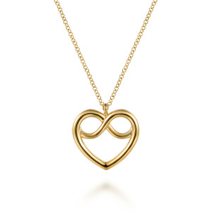 Gabriel & Co. NK7901Y4JJJ 14 karat yellow gold Contemporary necklace, front view of the open heart outline with its looped infinity shape across the top