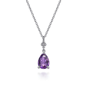 Gabriel & Co. NK7902SVJAM sterling silver Bujukan necklace, front view of the pear shaped purple stone, its prongs and the bead cluster above
