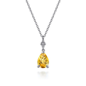 Gabriel & Co. NK7902SVJCT sterling silver Bujukan necklace, front view of the yellow pear shaped stone, its three prongs and the bead cluster above