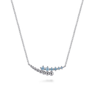 Gabriel & Co. NK7906SVJBT sterling silver Bujukan necklace, front view of the blue stones beside the graduated metal beads