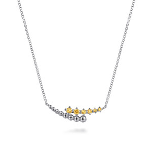 Gabriel & Co. NK7906SVJCT sterling silver Bujukan necklace, front view of the bypass bar with yellow prong set stones over graduated beads