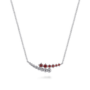 Gabriel & Co. NK7906SVJGN sterling silver Bujukan necklace, front view of the bar with red prong set stones beside a row of metal beads