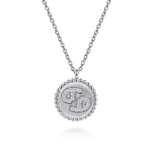 Gabriel & Co. NK7924CA-SV5JJ sterling silver Bujukan necklace, front view of the brushed disc with its bead rim, the pave sign and the bail