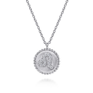 Gabriel & Co. NK7924LE-SV5JJ sterling silver Bujukan necklace, front view of the brushed disc with its looped sign, bead rim and bail