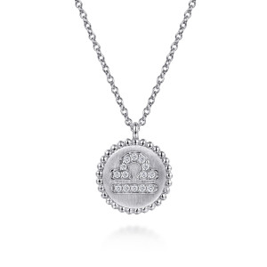 Gabriel & Co. NK7924LI-SV5JJ sterling silver Bujukan necklace, front view of the arch and two straight stone lines on the disc