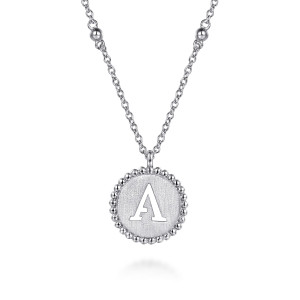 Gabriel & Co. NK7925A-SVJJJ sterling silver Bujukan necklace, front view of the cut out letter A on a brushed disc with a beaded rim