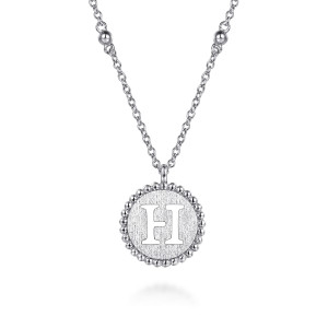 Gabriel & Co. NK7925H-SVJJJ sterling silver Bujukan necklace, front view of the brushed disc with its beaded rim, bail and spaced chain beads