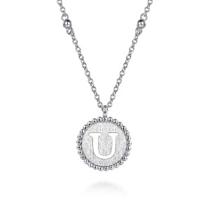 Gabriel & Co. NK7925U-SVJJJ sterling silver Bujukan necklace, front view of the beaded rim disc and letter U with a bead station on each side