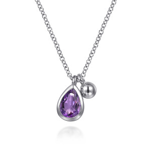 Gabriel & Co. NK7929SVJAM sterling silver Bujukan necklace, front view of the purple bezel set pear and the polished ball on separate loops