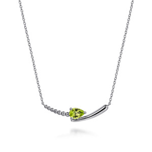 Gabriel & Co. NK7930SVJPE sterling silver Bujukan necklace, front view of the curved bar, its beaded run, green pear cut stone and smooth swept end