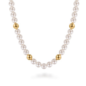 Gabriel & Co. NK7954-18Y4JPL 14 karat yellow gold Bujukan necklace, front view of the round pearls broken by single polished metal beads with thin collars