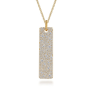 Gabriel & Co. NK7955Y45JJ 14 karat yellow gold Bujukan necklace, front view of the plate paved with mixed size diamonds and a bead bail