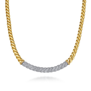 Gabriel & Co. NK7959M45JJ 14 karat white and yellow gold Bujukan necklace, front view of the pave diamond bar between beaded collars on the spiral ribbed band
