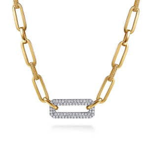 Gabriel & Co. NK7965M45JJ 14 karat white and yellow gold Bujukan necklace, front view of the rectangular link paved in two rows of diamonds