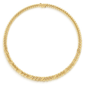 Gabriel & Co. NK7966Y4JJJ 14 karat yellow gold Bujukan necklace, full length view of the round choker with its spiral ridges and beaded fields