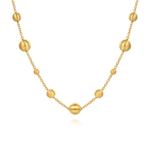 Gabriel & Co. NK7980Y4JJJ 14 karat yellow gold Bujukan necklace, front view of a brushed sphere at center with spheres of varied size spaced on each side