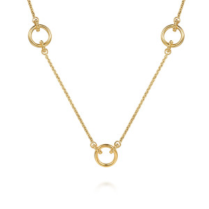 Gabriel & Co. NK7983Y4JJJ 14 karat yellow gold Bujukan necklace, front view of the open rings with bead tipped bars on a fine cable chain