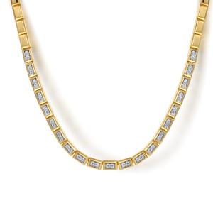 Gabriel & Co. NK8016Y45JJ 14 karat yellow gold Contemporary necklace, front view of flat rectangular links holding groups of round diamonds in lighter beds