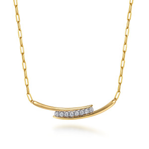 Gabriel & Co. NK8024M45JJ 14 karat white and yellow gold Contemporary necklace, front view of the overlapping rods with a row of round diamonds between them