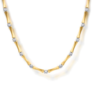 Gabriel & Co. NK8027M45JJ 14 karat white and yellow gold Contemporary necklace, front view of the waisted satin segments with a round diamond between each pair