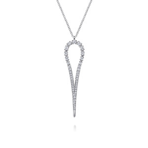 Gabriel & Co. NK8041W45JJ 14 karat white gold Kaslique necklace, front view of the open loop, its prong set top, pave arms and plain polished tip