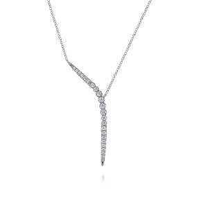 Gabriel & Co. NK8050W45JJ 14 karat white gold Lusso necklace, front view of the swept diamond line, its tapered bar, round stones and pointed spike