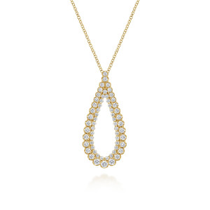 Gabriel & Co. NK8053Y45JJ 14 karat yellow gold Lusso necklace, front view of the open teardrop with its outer row in scalloped rims and inner row of diamonds