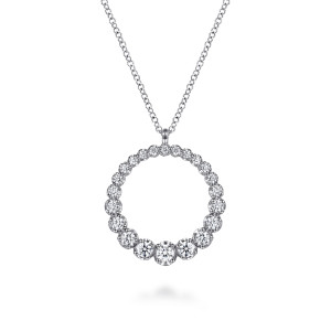 Gabriel & Co. NK8055W45JJ 14 karat white gold Lusso necklace, front view of the open circle of graduated diamonds and the plain loop bail
