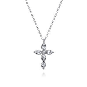 Gabriel & Co. NK8065W45JJ 14 karat white gold Lusso necklace, front view of the petal cross with a bezel set diamond where the arms meet