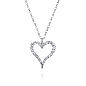 Gabriel & Co. NK8075W45JJ 14 karat white gold Lusso necklace, front view of the open heart with prong set stones along its lobes and a swept tip