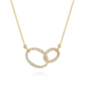 Gabriel & Co. NK8076Y45JJ 14 karat yellow gold Lusso necklace, close detail of the two linked ovals, the graduated stones and the pave set smaller loop