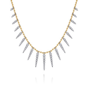 Gabriel & Co. NK8079M45JJ 14 karat white and yellow gold Bujukan necklace, front view of the diamond drops tapering to pointed tips along the bead chain