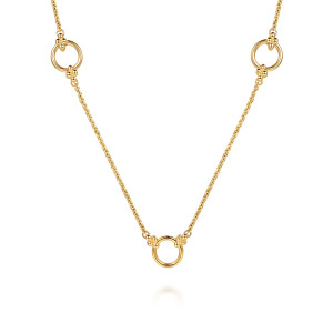 Gabriel & Co. NK8088-24Y4JJJ 14 karat yellow gold Bujukan necklace, close detail of open rings with bead clusters above and below, linked to a fine chain