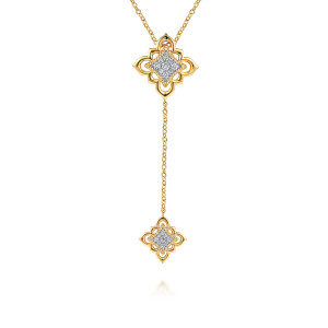 Gabriel & Co. NK8107Y84JJ 18 karat yellow gold Bujukan necklace, front view of the upper four lobed motif and the chain drop to the second