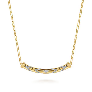 Gabriel & Co. NK8111Y45JJ 14 karat yellow gold Bujukan necklace, front view of the thick curved bar with pave lozenges and beaded ends