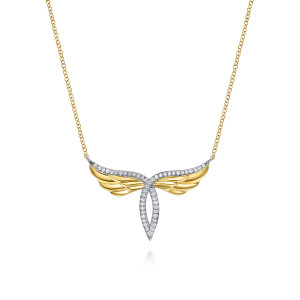 Gabriel & Co. NK8117M45JJ 14 karat white and yellow gold Contemporary necklace, front view of feathered wings crossing into an open loop edged with diamonds