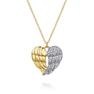 Gabriel & Co. NK8120M45JJ 14 karat white and yellow gold Contemporary necklace, front view of the heart of two feathered wings, one ridged and one lined with diamonds
