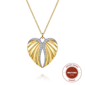 Gabriel & Co. NK8121M45JJ 14 karat white and yellow gold Contemporary necklace, front view of the ridged heart with a center diamond seam and an open pointed gap