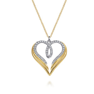 Gabriel & Co. NK8122M45JJ 14 karat white and yellow gold Contemporary necklace, front view of the diamond ribbon looping inside the polished winged outline of the heart