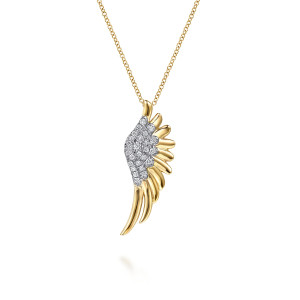 Gabriel & Co. NK8123Y45JJ 14 karat yellow gold Contemporary necklace, front view of the pave covered wing with polished feathers fanning to the right