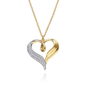 Gabriel & Co. NK8128M45JJ 14 karat white and yellow gold Contemporary necklace, front view of the open ribbon heart, the pave diamond half and the ridged polished half