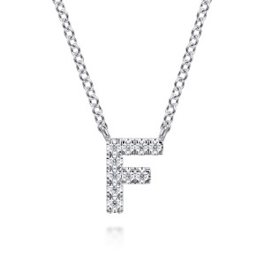 Gabriel & Co. NK8132F-W45JJ 14 karat white gold Lusso necklace, front view of the capital F, a single line of prong set stones and bails at the top