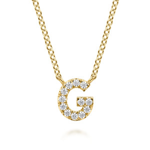 Gabriel & Co. NK8132G-Y45JJ 14 karat yellow gold Lusso necklace, front view of the letter G in prong set round stones with a loop at each upper corner