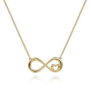 Gabriel & Co. NK8142Y4JJJ 14 karat yellow gold Contemporary necklace, front view of the open figure eight and the heart in its right loop