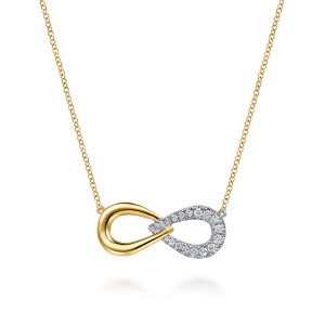 Gabriel & Co. NK8143M45JJ 14 karat white and yellow gold Contemporary necklace, front view of the two linked teardrop loops, one smooth and one lined with small stones