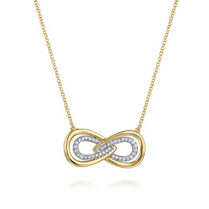 Gabriel & Co. NK8148M45JJ 14 karat white and yellow gold Contemporary necklace, front view of the infinity shape, a stone lined inner loop inside a smooth outer frame