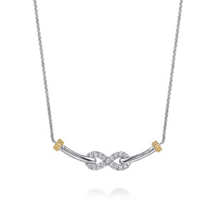 Gabriel & Co. NK8152MZJWS sterling silver and 14 karat yellow gold Bujukan necklace, front view of the figure eight loop with stones and the bead textured end caps